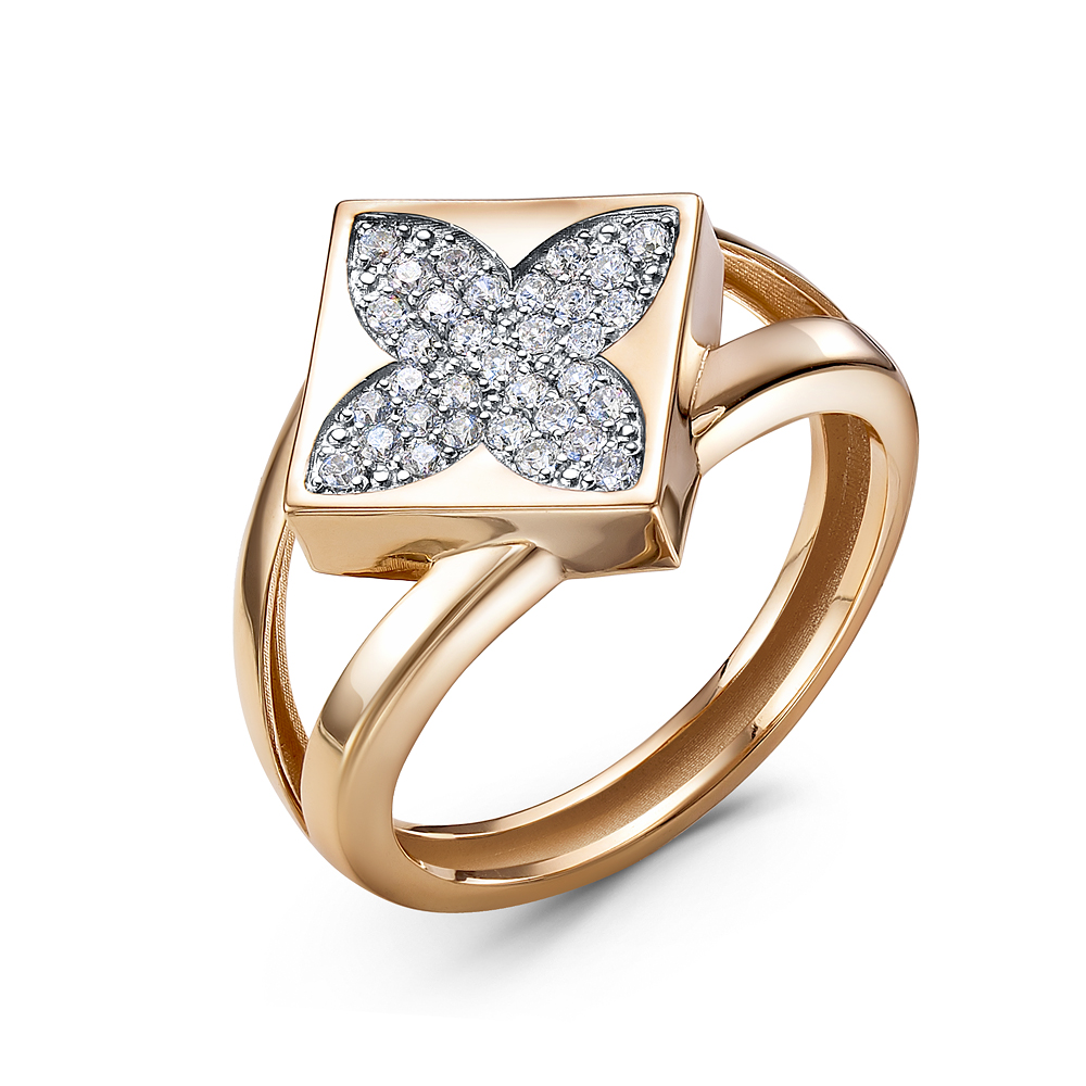Кольцо Четырехлистник с фианитами из красного золота 585 с родированием 110125