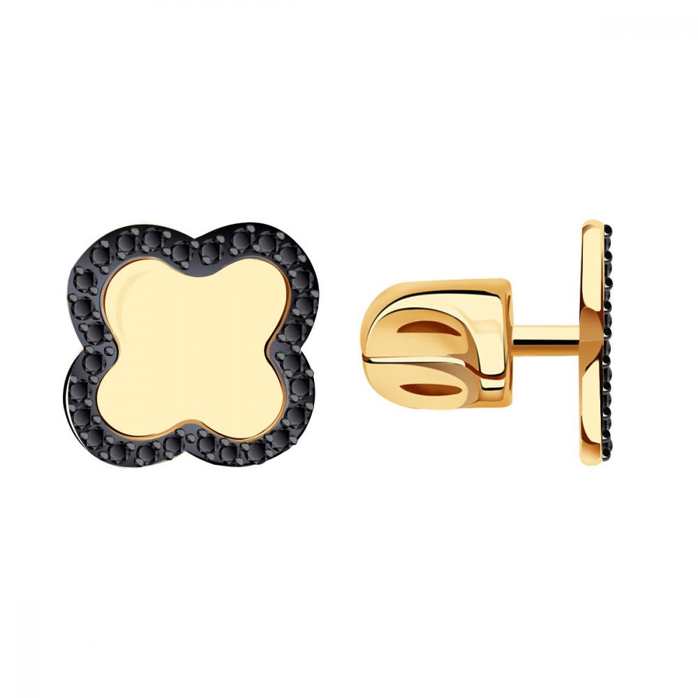 Серьги-пусеты Клевер с чёрными фианитами из красного золота 585 с родированием 050064 ч