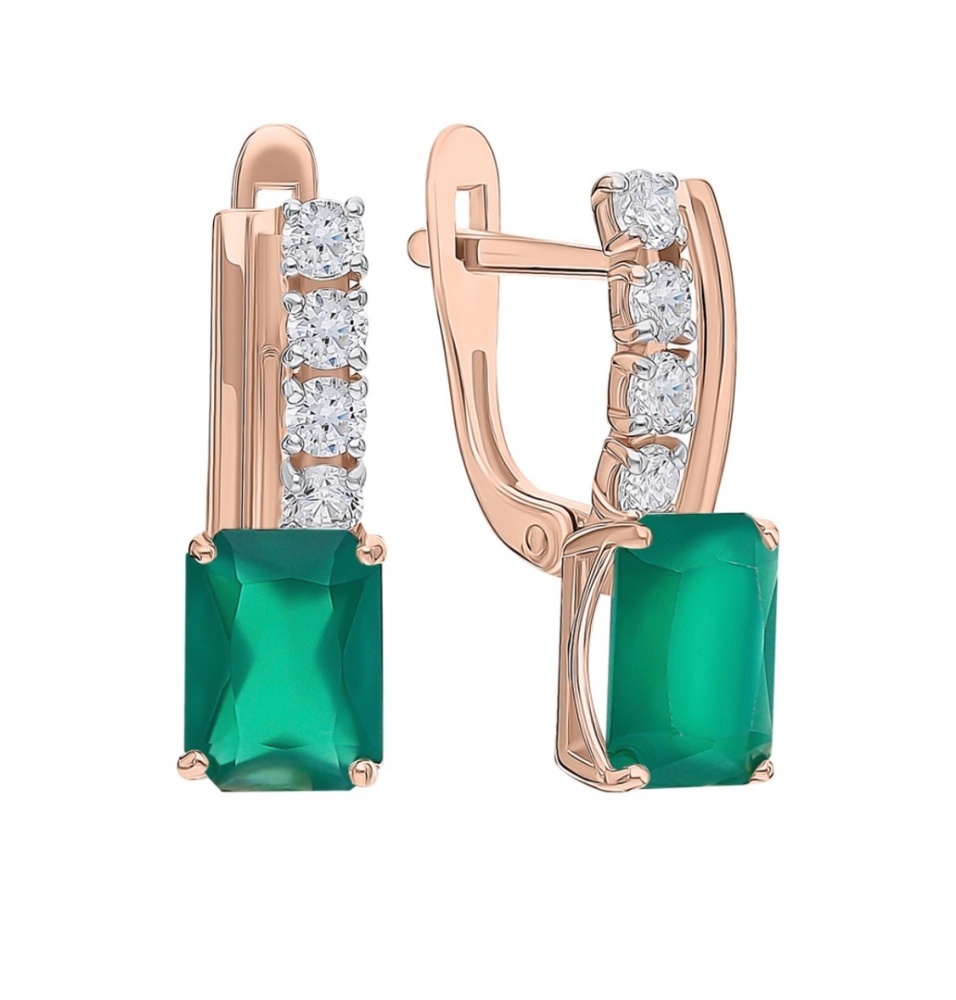 Серьги с хризопразами и фианитами из красного золота 585 40197800-Хп