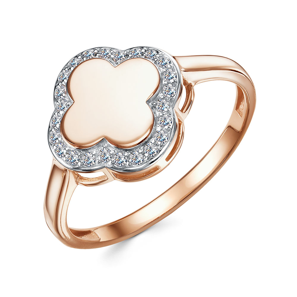 Кольцо Клевер с фианитами из красного золота 585 с родированием 1690807 1 1 1