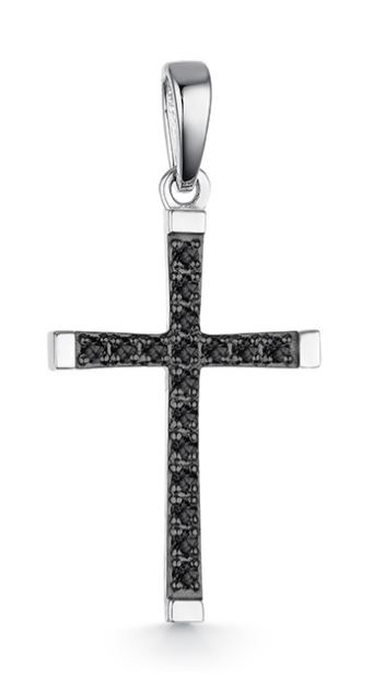Крест декоративный с черными бриллиантами из белого золота 585 с родированием