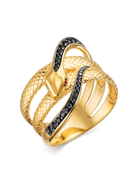 Кольцо Змея с рубинами и чёрными фианитами из серебра 925 с лимонным золочением