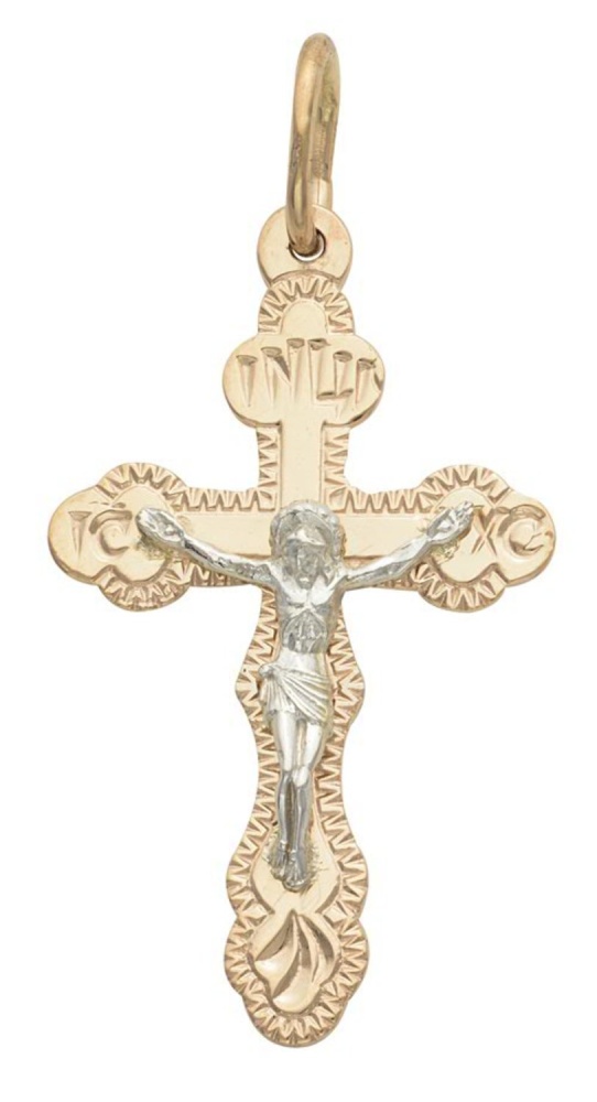 Крест из красного золота 585 с родированием