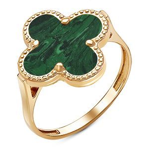 Кольцо Клевер с малахитом из красного золота 585 ТКВП 15-4