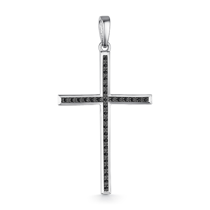 Крест декоративный с черными бриллиантами из белого золота 585 с родированием
