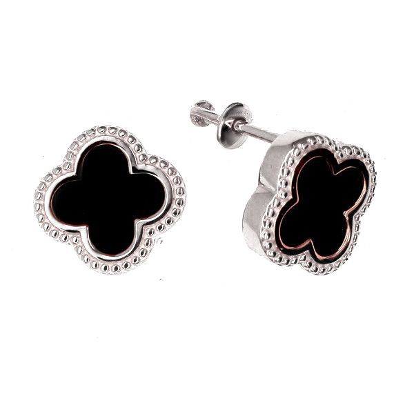 Серьги-пусеты Клевер с чёрным ониксом из серебра 925 с родированием с4458V79