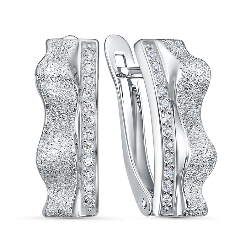 Серьги с матированием и фианитами из серебра 925 с родированием с1208270