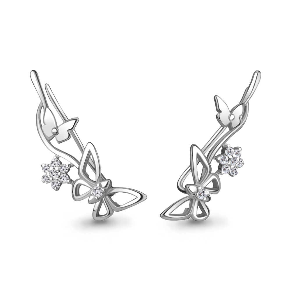Серьги-каффы Бабочки с фианитами из серебра 925 с родированием 49381А.5