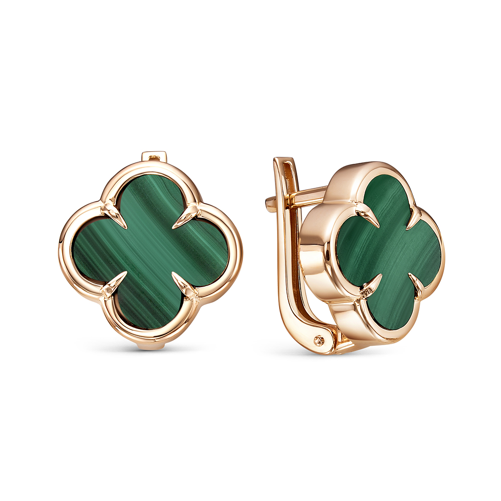 Серьги Клевер с малахитами из красного золота 585 120111 м