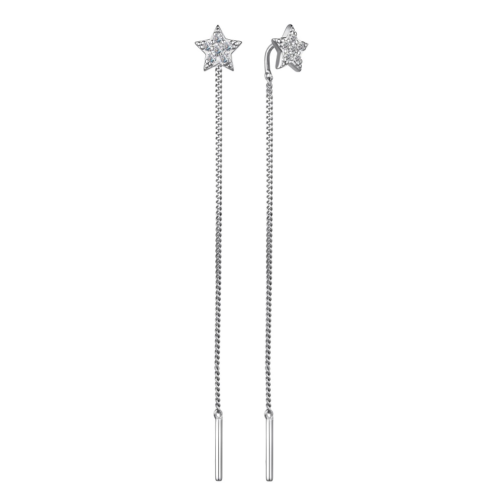 Серьги-продевки Звездочки с фианитами из серебра 925 с родированием 02-3356/00КЦ-00