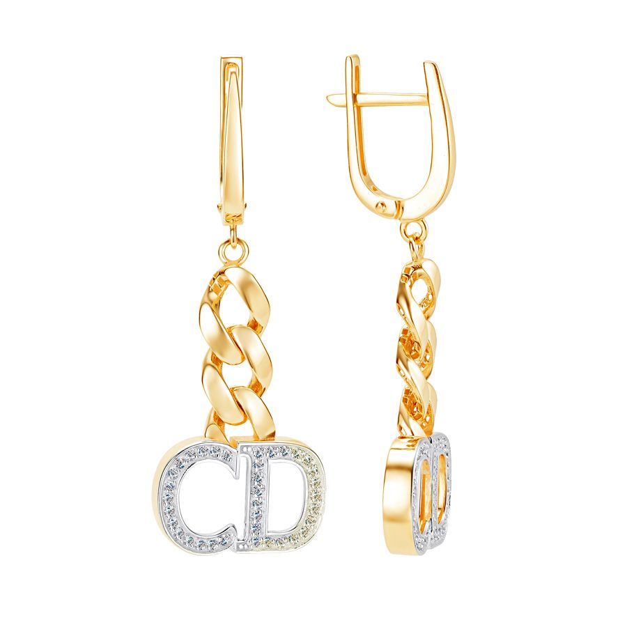 Серьги Цепи с фианитами из лимонного золота 585 с родированием Л2148613