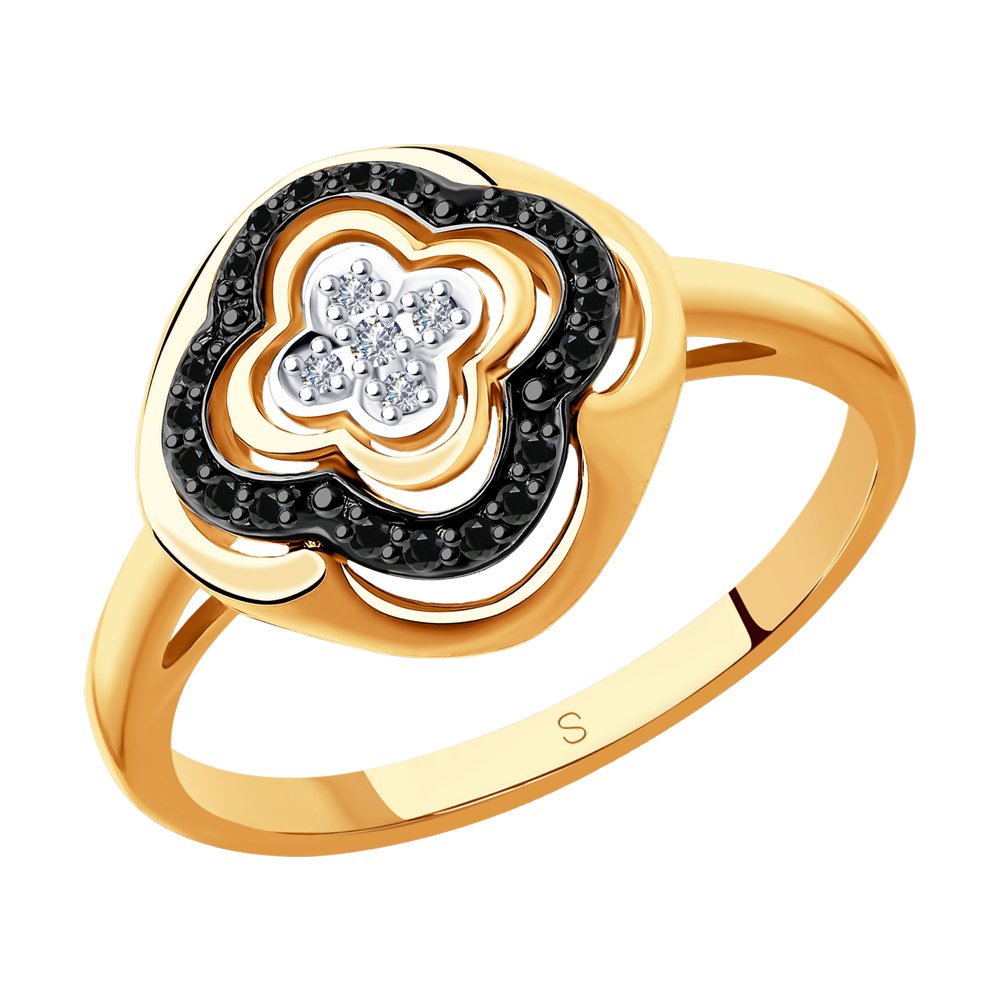 Кольцо Клевер с черными и белыми бриллиантами из красного золота 585