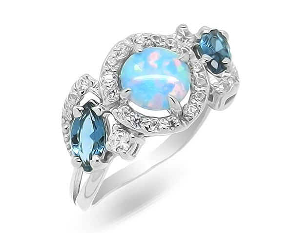 Кольцо c голубым опалом, кварцем и цирконом из серебра 925 с родированием 628733