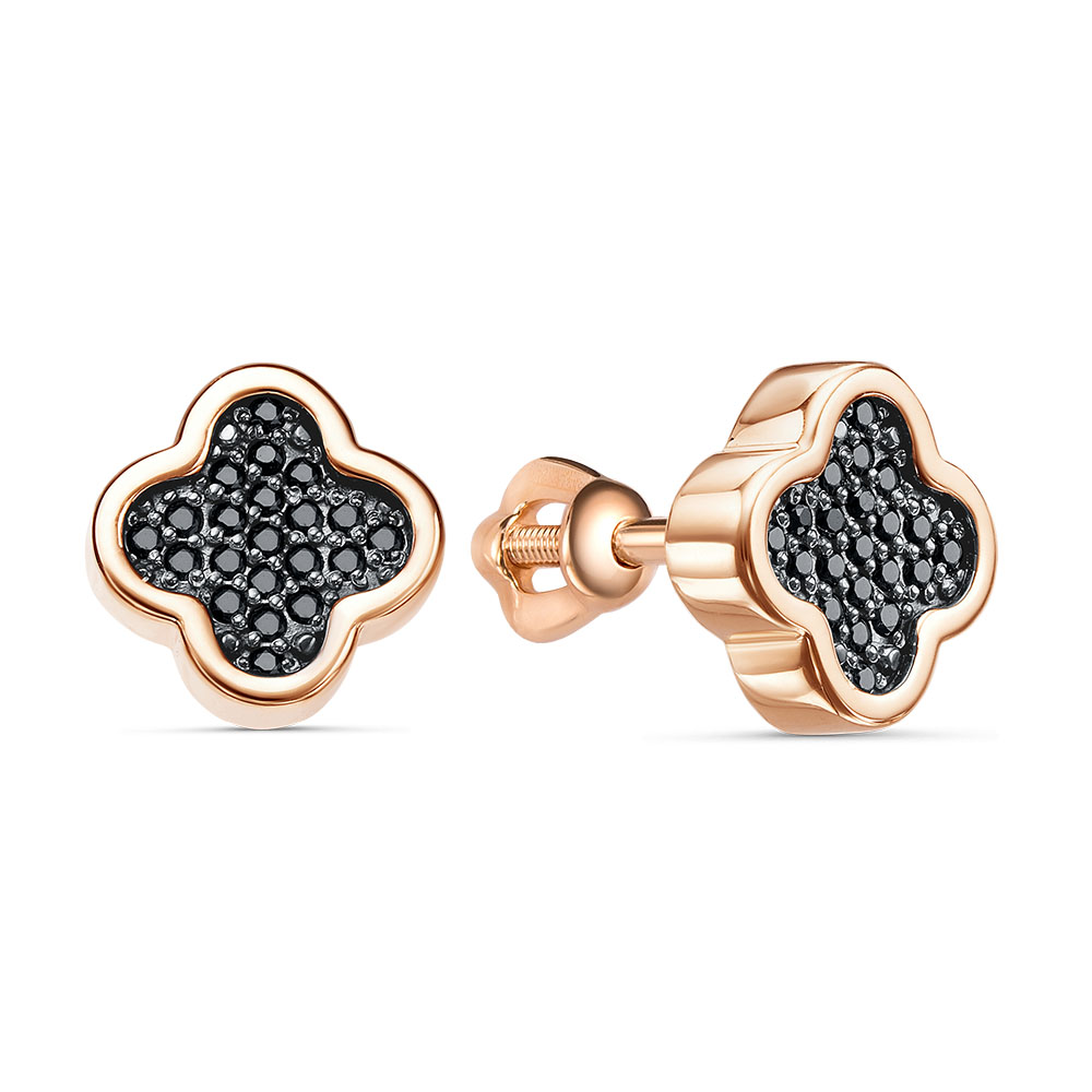 Серьги-пусеты Клевер с чёрными фианитами из красного золота 585 2691407 1 10 2