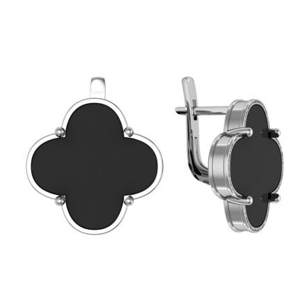 Серьги Клевер с черными агатами из серебра 925 с родированием 301095