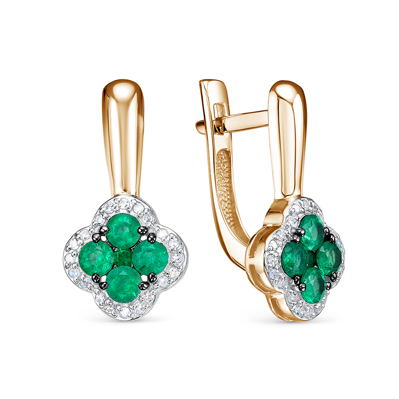 Серьги Клевер с изумрудами и бриллиантами из красного золота 585 БР322515