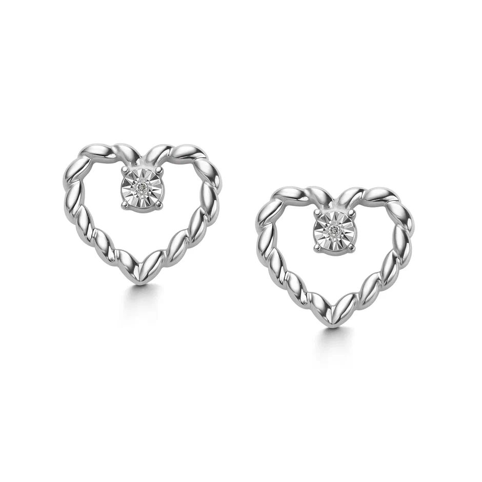 Серьги-пусеты Сердце с бриллиантами из серебра 925 с родированием