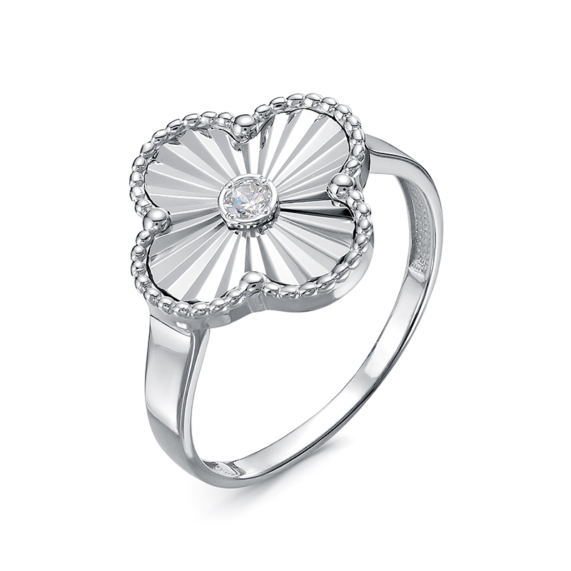 Кольцо Клевер с фианитом и алмазной гранью из серебра 925 с родированием с1104550