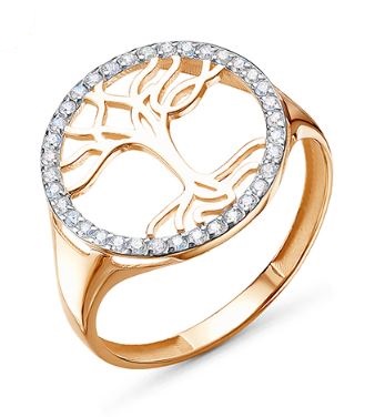 Кольцо Дерево жизни с фианитами из красного золота 585 с родированием 10-10212_f-201