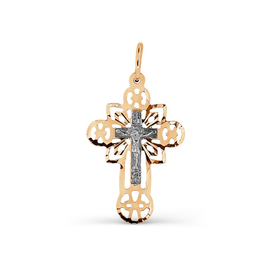 Крест с алмазной гранью из красного золота 585 с родированием