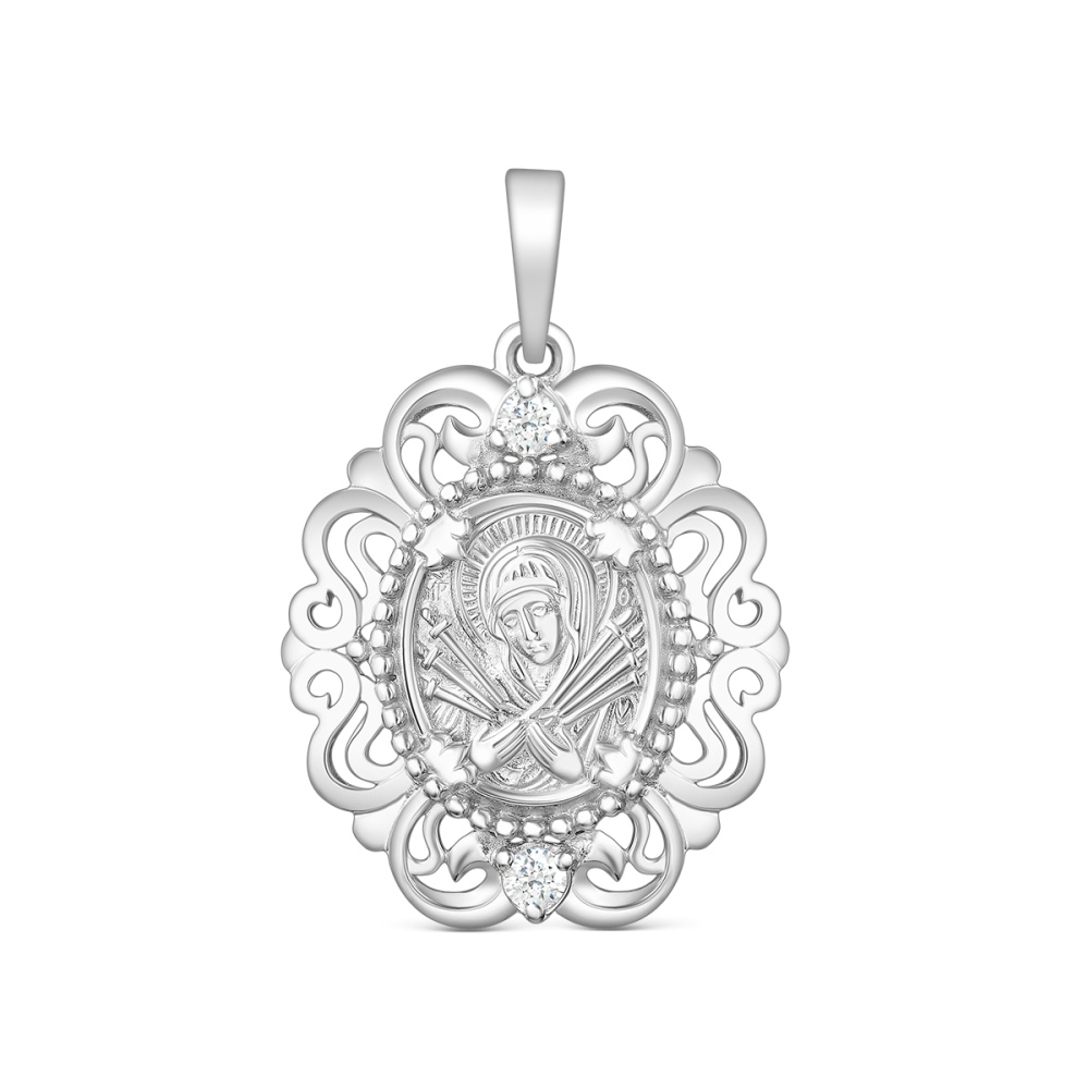 Икона нательная Божьей Матери Семистрельная с фианитами из серебря 925 с родированием