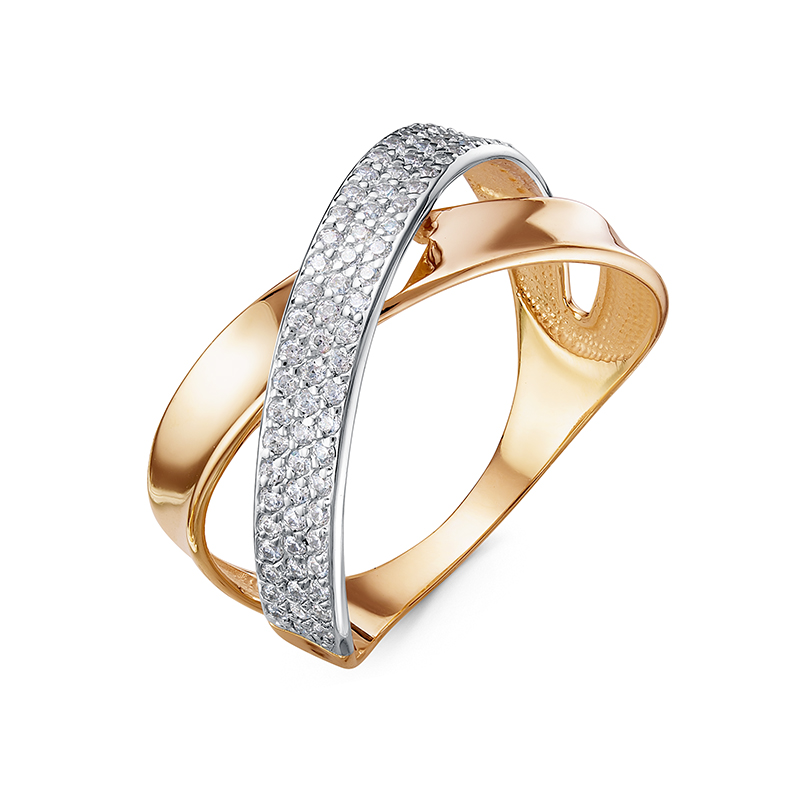 Кольцо с фианитами из красного золота 585 с родированием 1104070