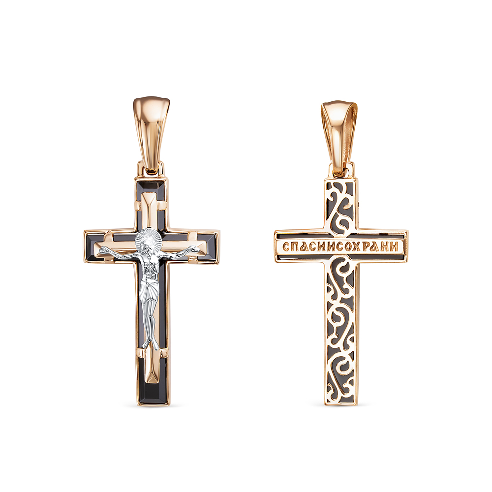 Крест с ониксом из красного золота 585 с родированием 080002