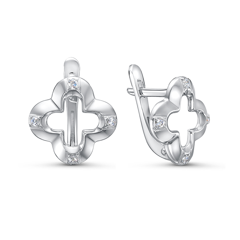 Серьги Клевер с фианитами из серебра 925 с родированием с1203413