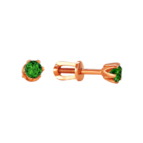 Серьги-пусеты с зелеными фианитами из красного золота 585