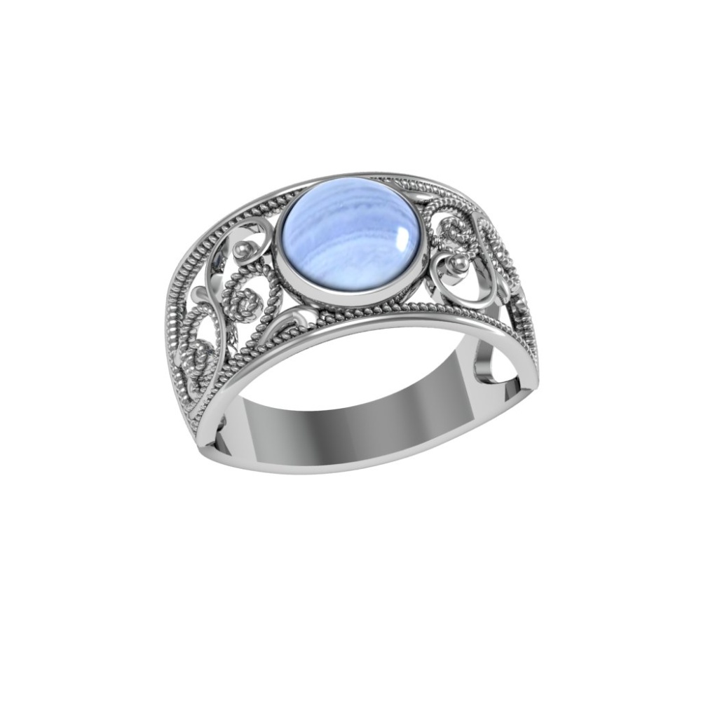 Кольцо с голубым агатом из серебра 925 с родированием 201022