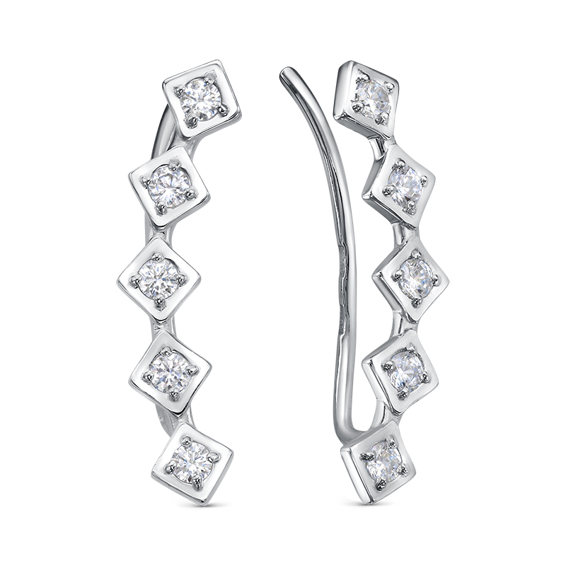 Серьги-каффы Ромбы с фианитами из серебра 925 с родированием с1208146