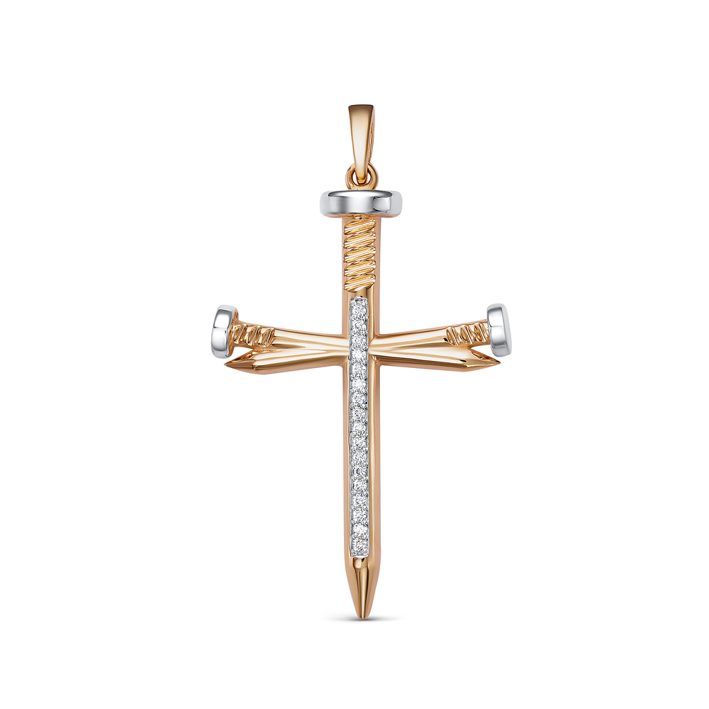 Крест декоративный с фианитами из красного золота 585 с родированием
