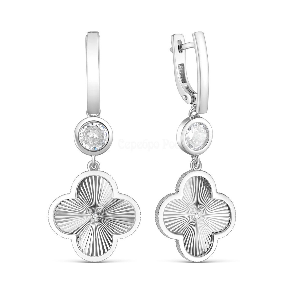 Серьги Клевер с бриллиантами и фианитами из серебра 925 с родированием 421-15-921р-110