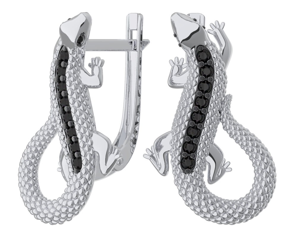 Серьги Ящерицы с фианитами из серебра 925 с родированием 2101575-00205