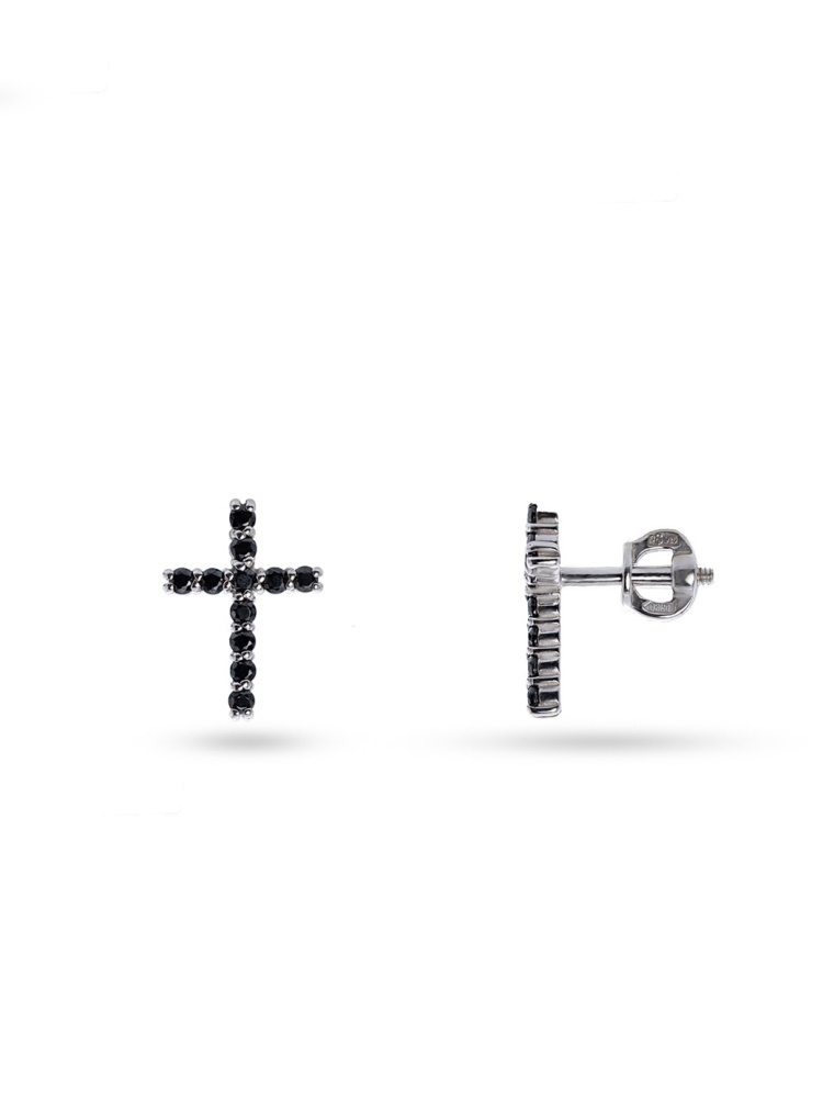 Серьги-пусеты Кресты с чёрными фианитами из серебра 925 с родированием с2.10.22.10