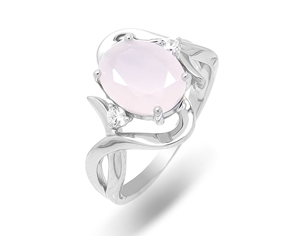 Кольцо с розовым кварцем и фианитами из серебра 925 с родированием 626468