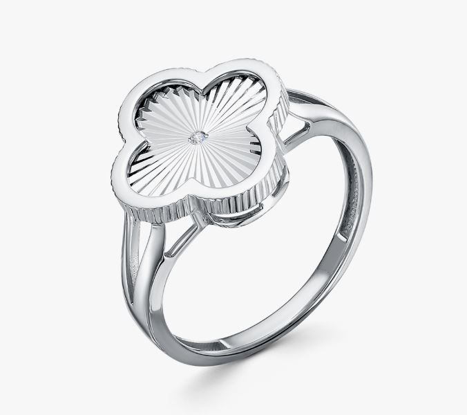 Кольцо Клевер с фианитом и алмазной гранью из серебра 925 с родированием 411-15-921