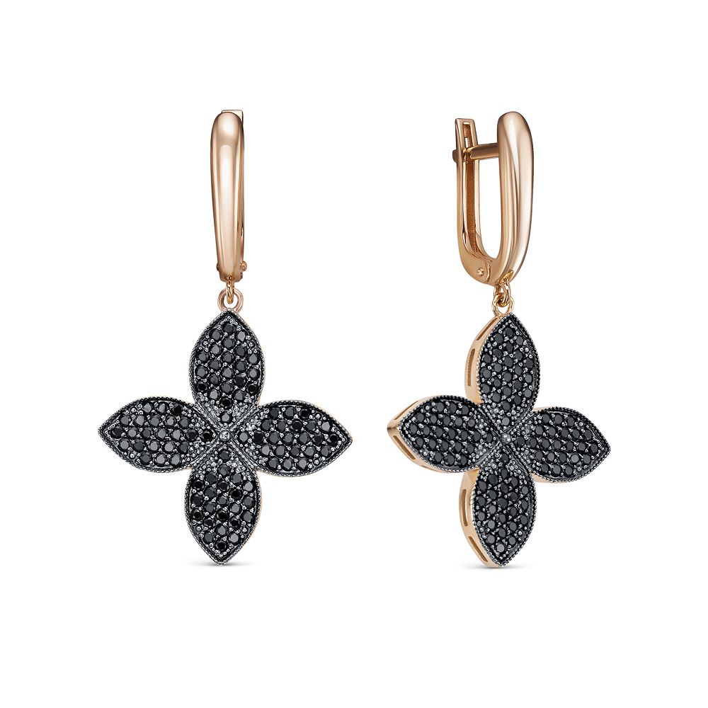 Серьги Четырехлистники с чёрными фианитами из красного золота 585 120106 ч