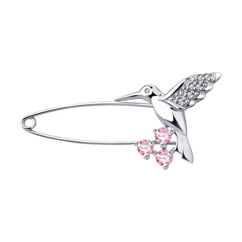 Брошь Колибри с фианитами из серебра 925 с родированием