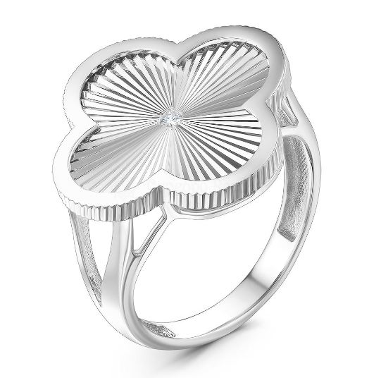 Кольцо Клевер с фианитом и алмазной гранью из серебра 925 с родированием 411-15-922р