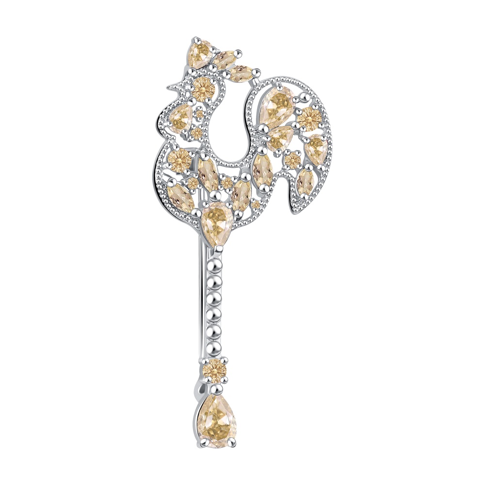 Брошь Петушок фианитами шампань из серебра 925 с родированием 60-72-0005-17184