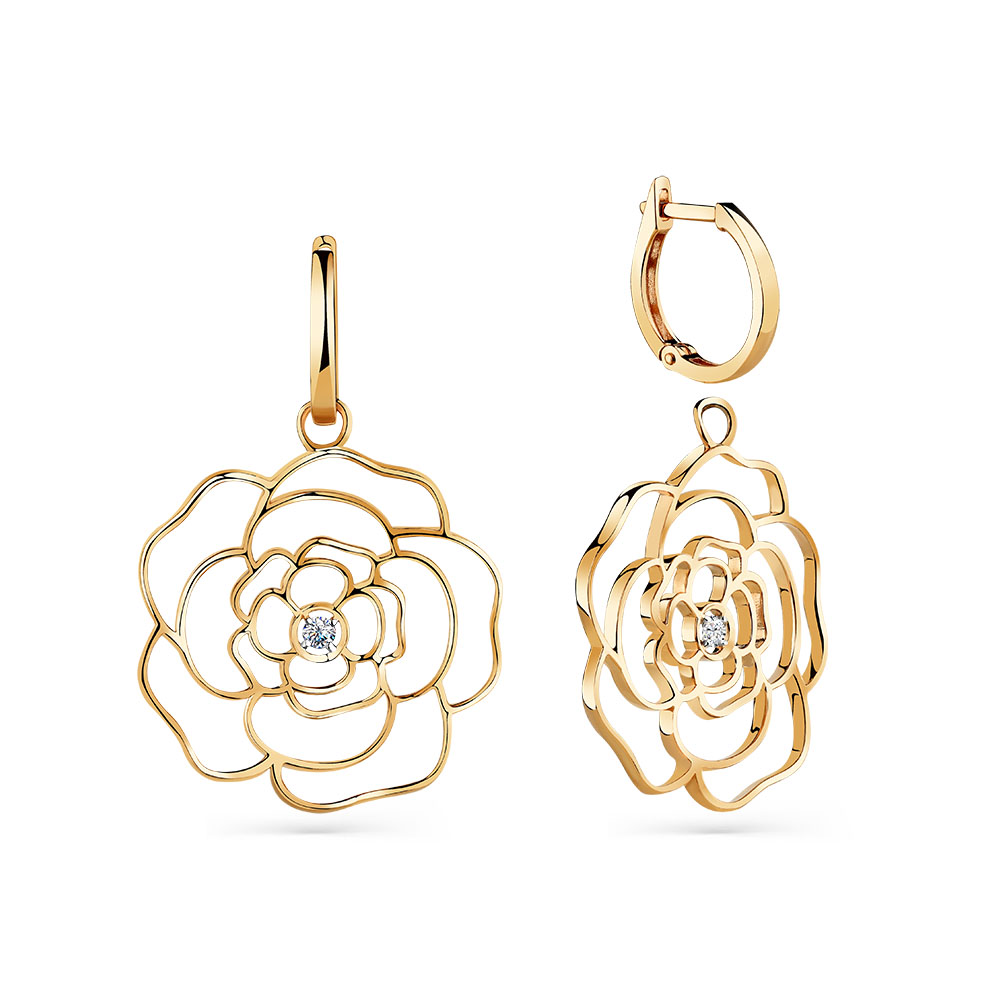 Серьги Цветы с фианитами из красного золота 585 с родированием 002-0640-0001-011