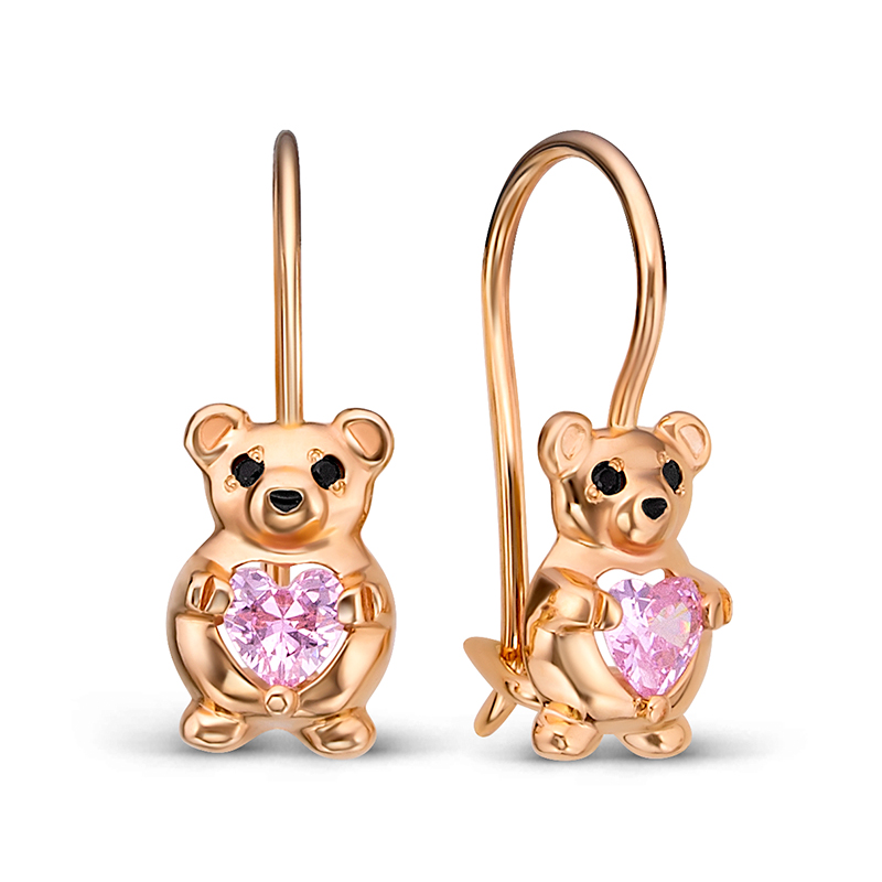 Серьги детские Мишки с фианитами и эмалью из красного золота 585 1204950