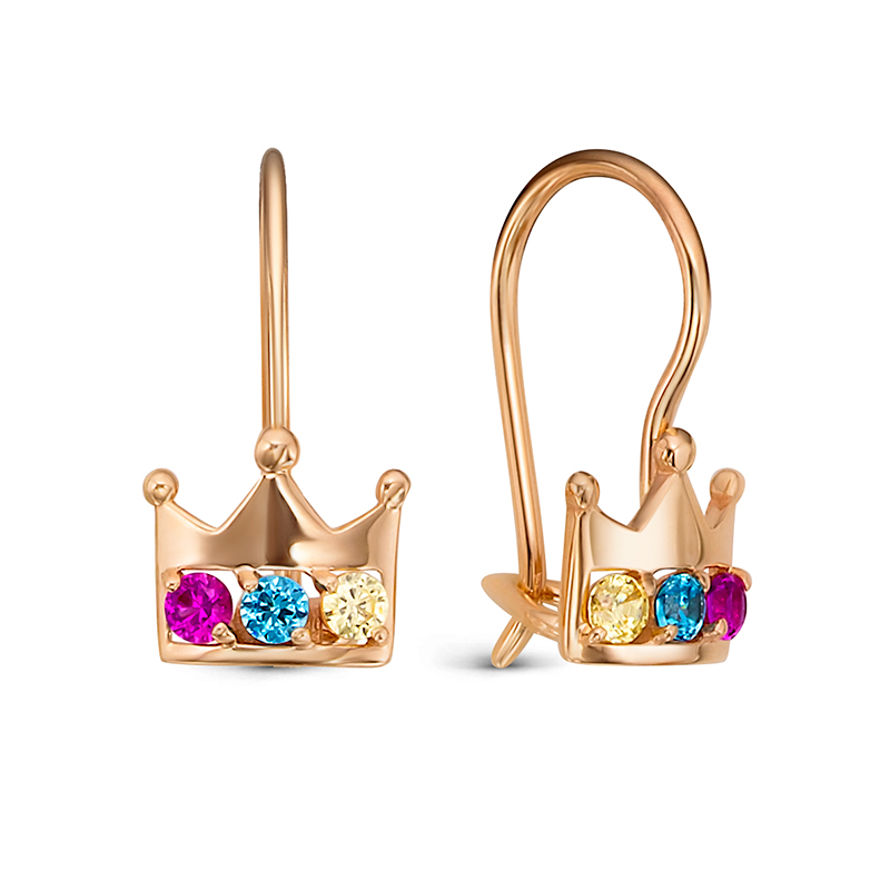 Серьги детские Короны с фианитами из красного золота 585 1204982