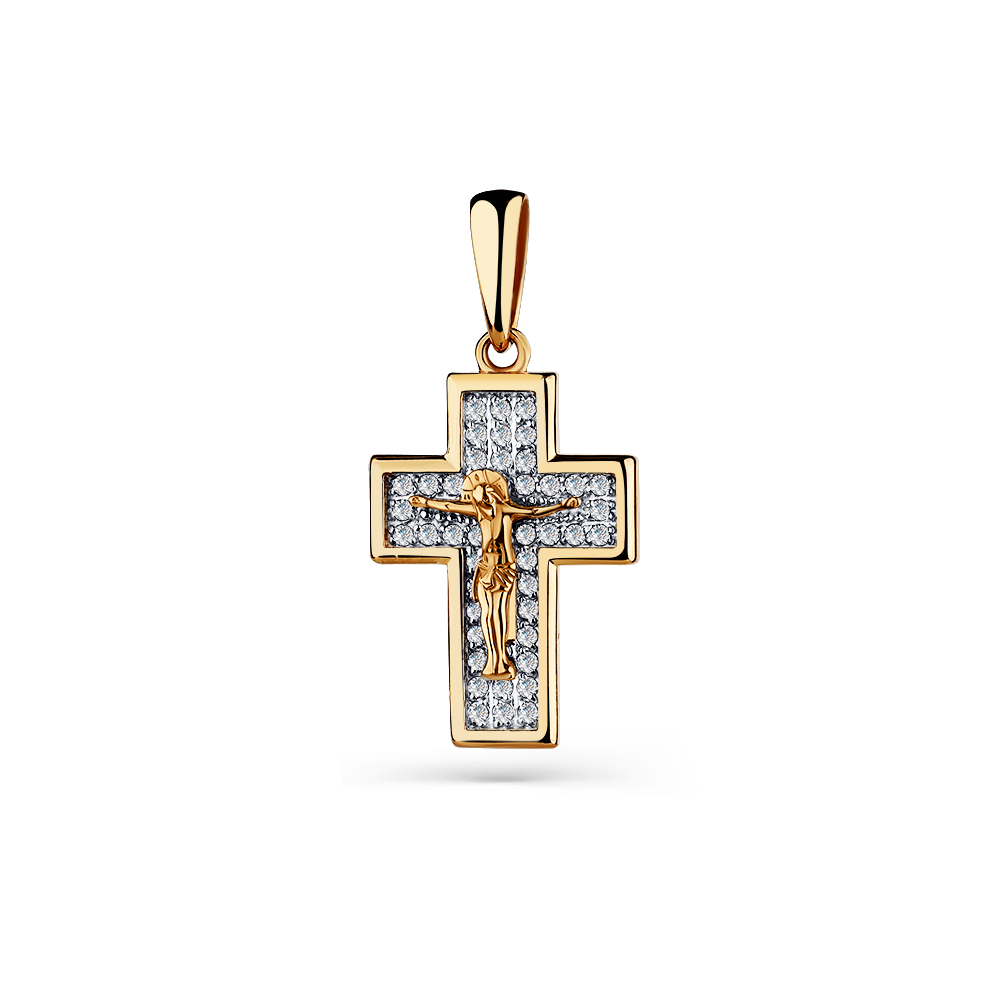Крест с фианитами из красного золота 585 с родированием