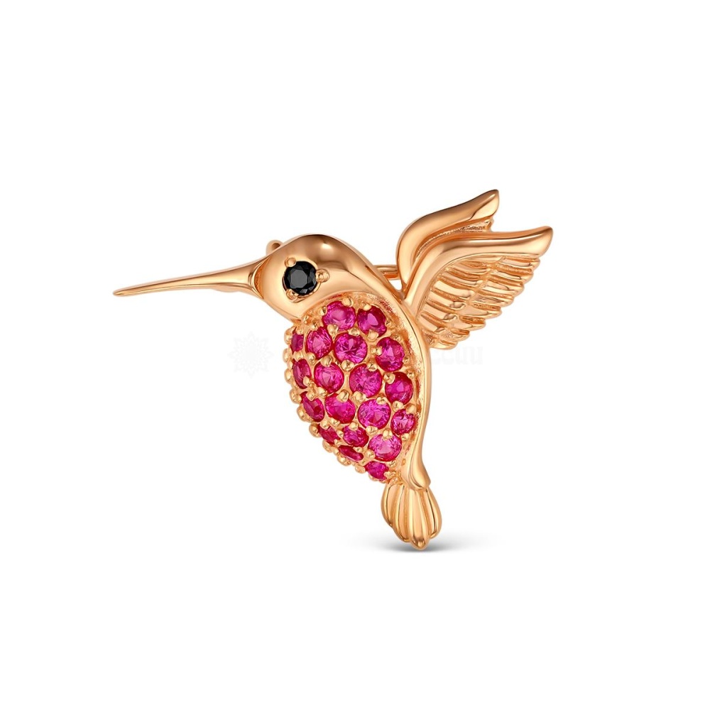 Брошь Колибри с синтетическими рубинами и фианитами из серебра 925 с золочением Бш-0009з915216