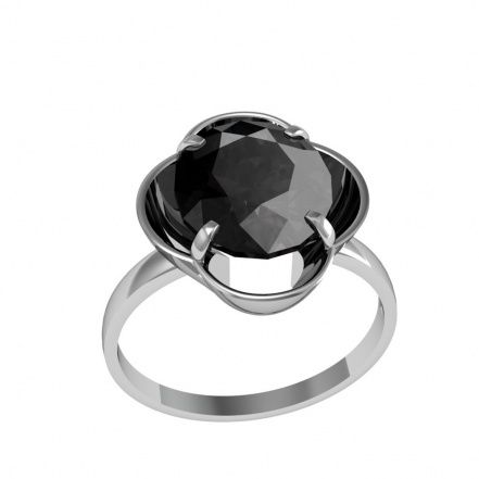 Кольцо с чёрным горным хрусталем из серебра 925 с родированием 201855