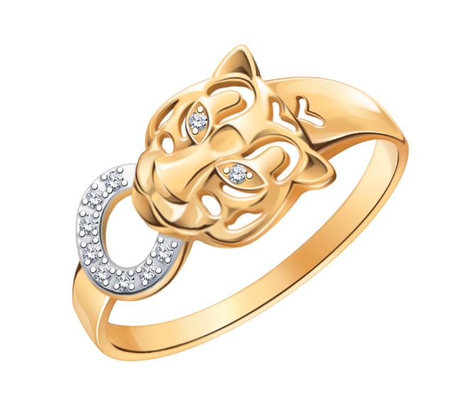 Кольцо Пантера с фианитами из красного золота 585 с родированием 10949