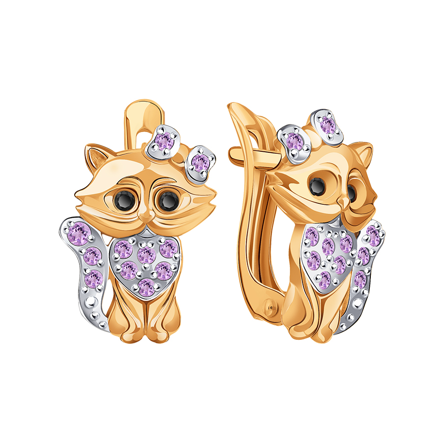 Серьги детские Кошечки с фианитами из красного золота 585 Т147029954