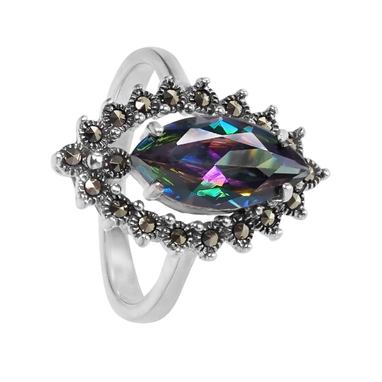 Кольцо с мистическим топазом и марказитами из серебра 925 ТАКС.367МТN